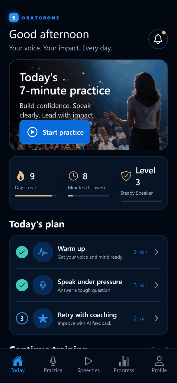 The Today screen showing a daily plan, streak and minutes practised
